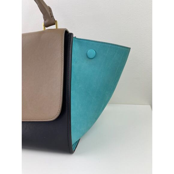 CELINE Trapeze Black Turquoise Teal Taupe Tricolor Leather 2 Handle Strap ITALY - Picture 4 of 16